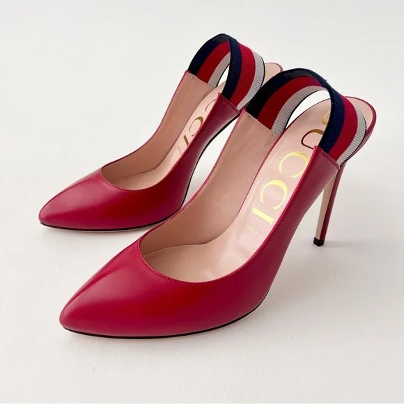 New GUCCI | Sylvie Web Stripe Slingback Red Leather Pointed Pumps EU 39 US 9 - Picture 2 of 16